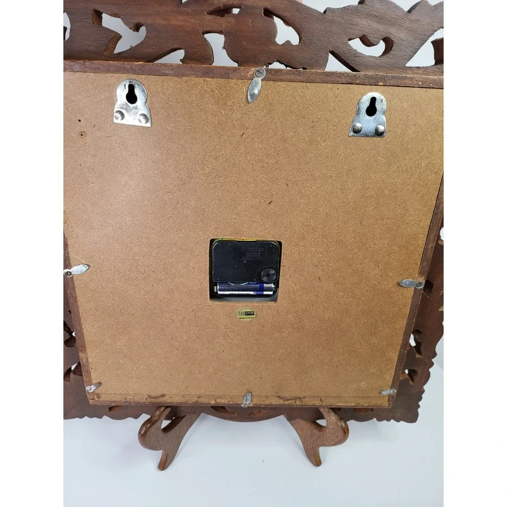 SAS Living Hand Carved Wood Wall Clock Floral Openwork Square Brown 16.5in